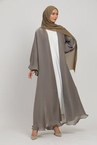 LUXURY MOONLIGHT ORGANZA OPEN ABAYA - OLIVE GREY