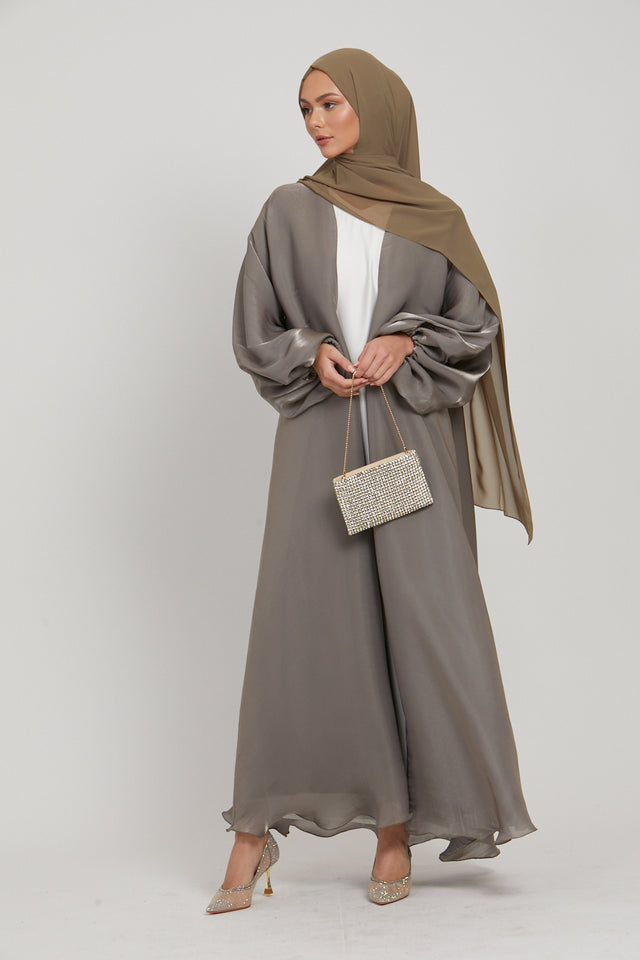 LUXURY MOONLIGHT ORGANZA OPEN ABAYA - OLIVE GREY