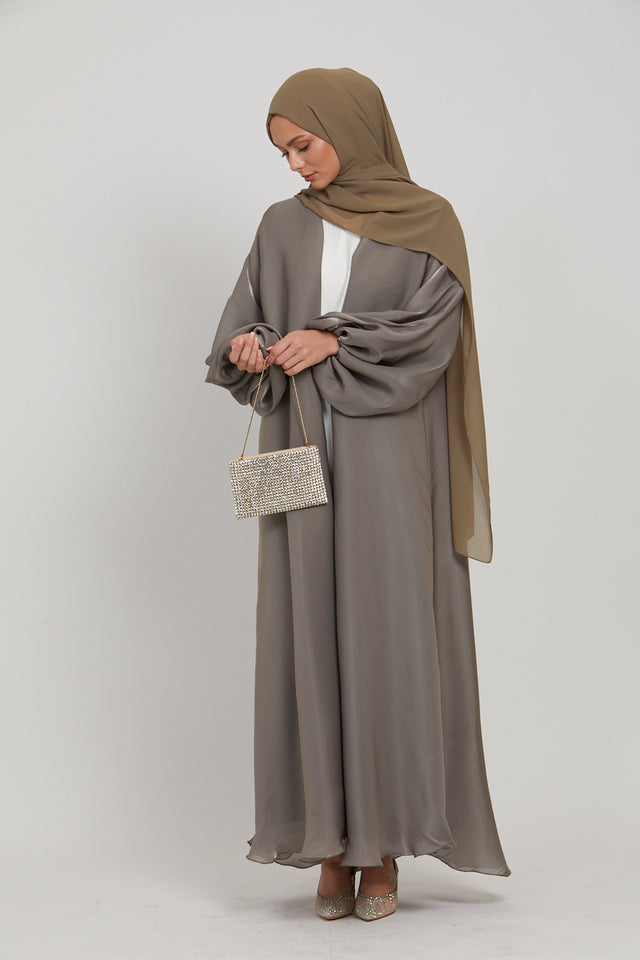 LUXURY MOONLIGHT ORGANZA OPEN ABAYA - OLIVE GREY