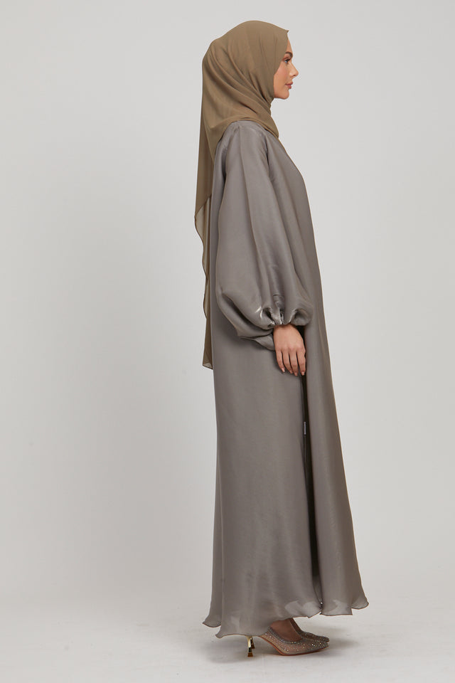 LUXURY MOONLIGHT ORGANZA OPEN ABAYA - OLIVE GREY