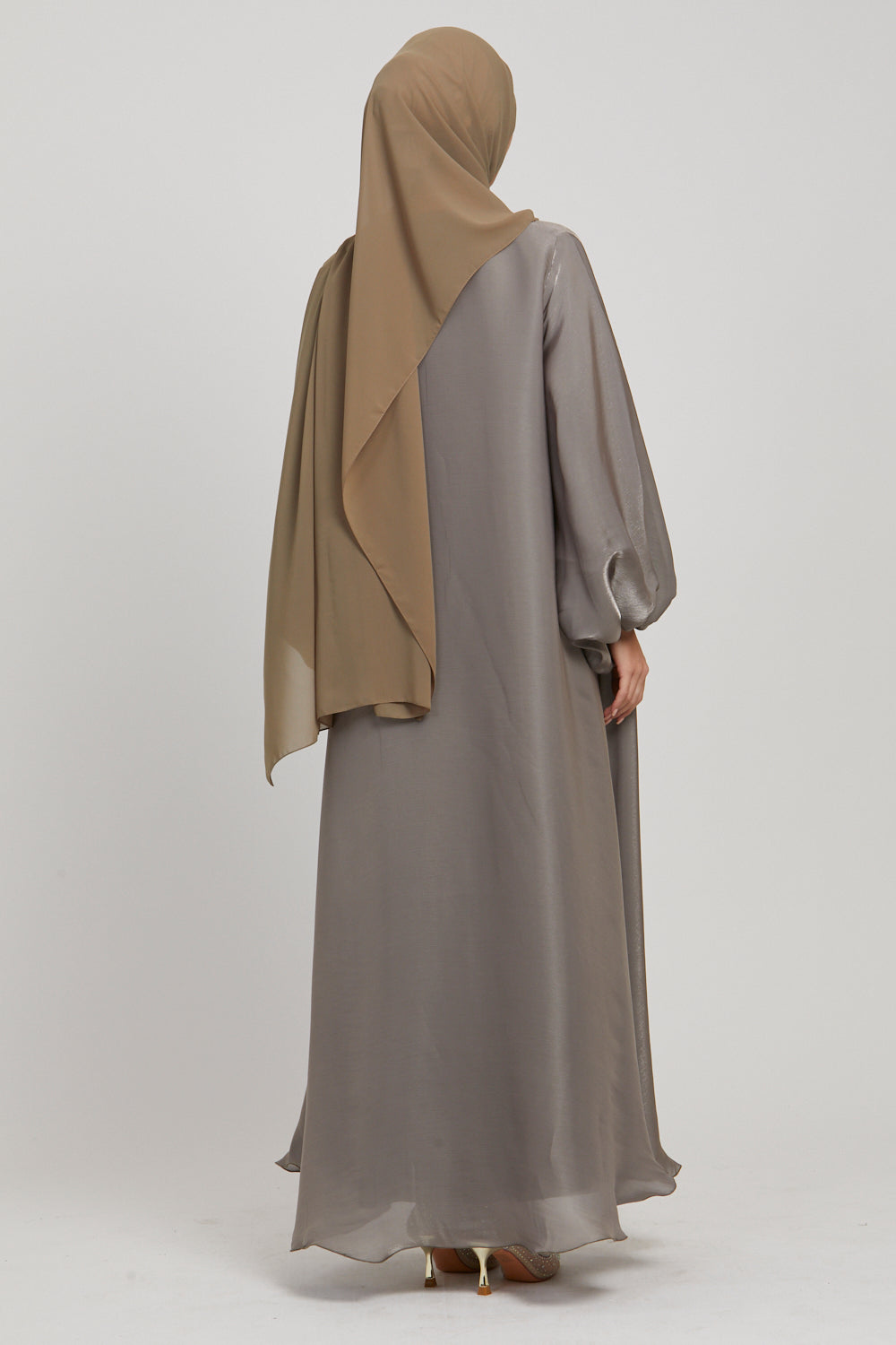 LUXURY MOONLIGHT ORGANZA OPEN ABAYA - OLIVE GREY