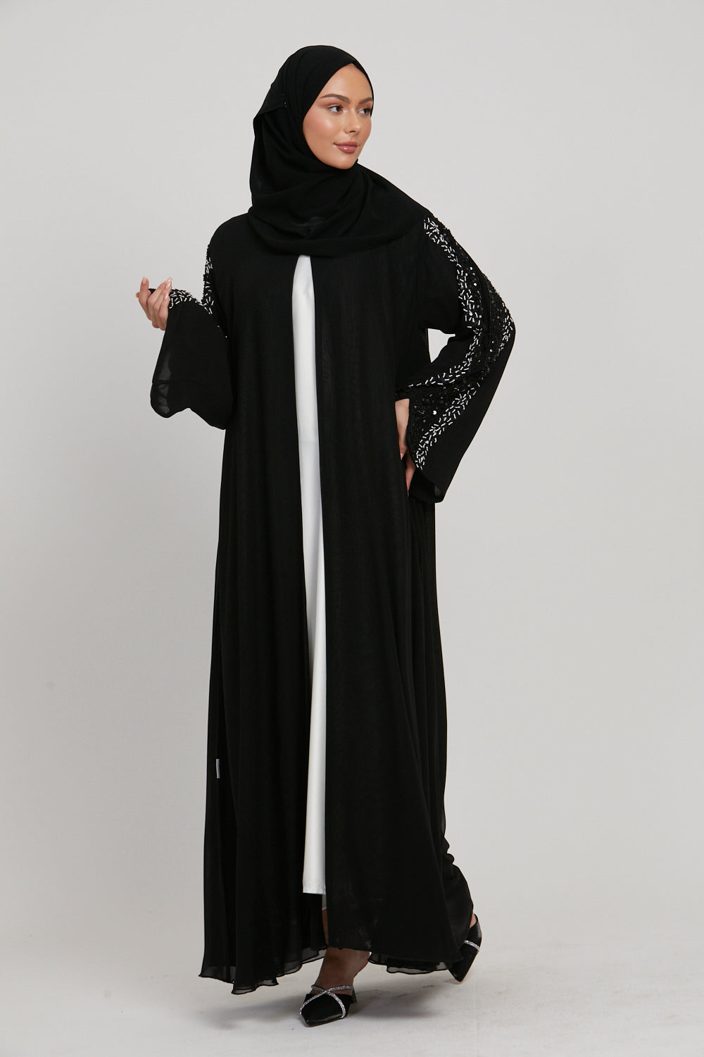 LUXURY AURORA CHIFFON EMBELLISHED OPEN ABAYA - BLACK