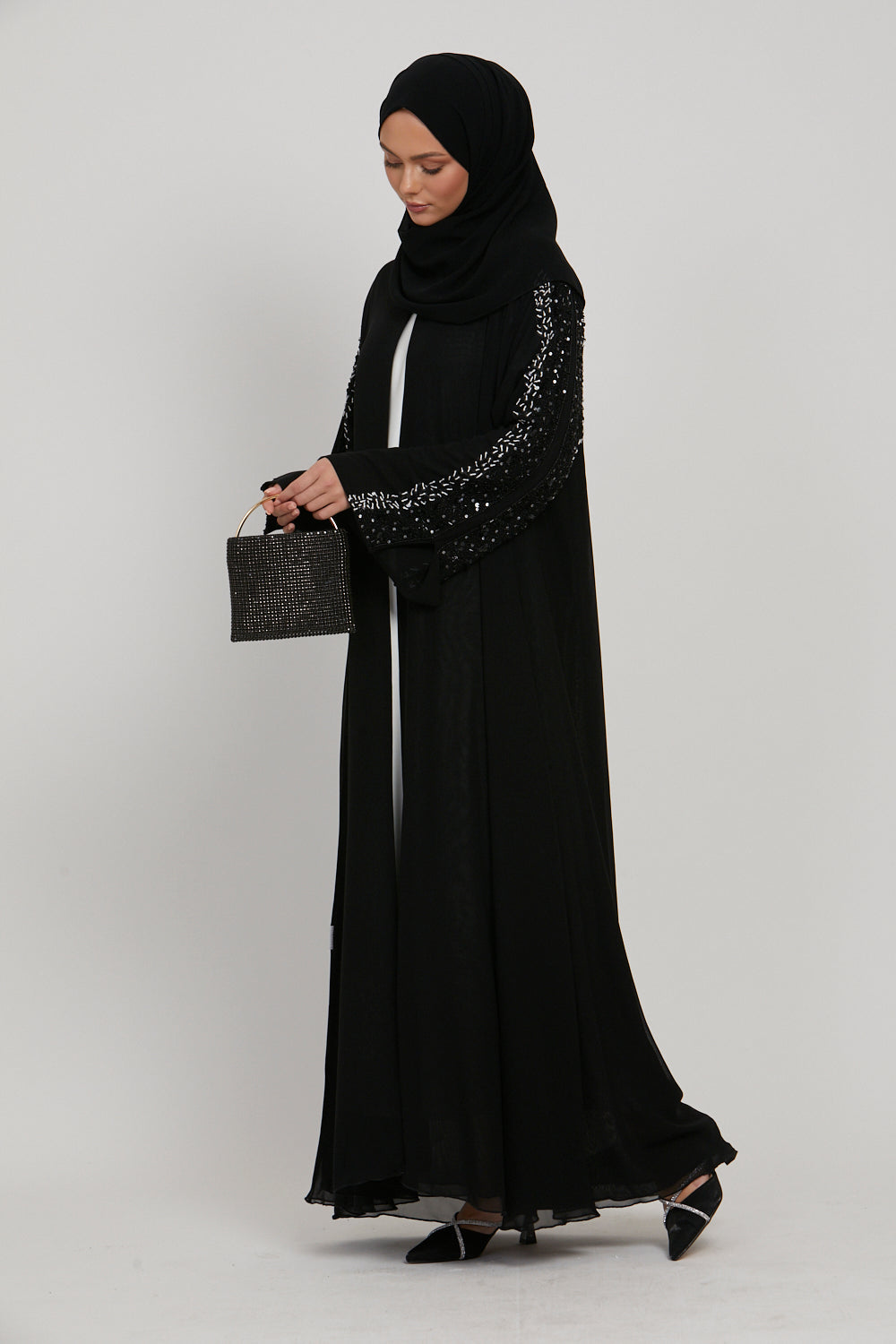 LUXURY AURORA CHIFFON EMBELLISHED OPEN ABAYA - BLACK