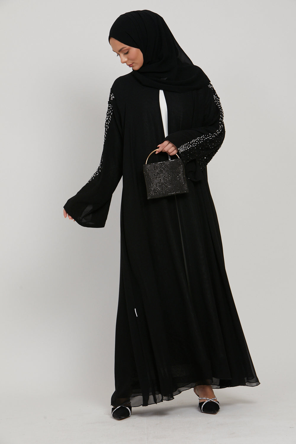 LUXURY AURORA CHIFFON EMBELLISHED OPEN ABAYA - BLACK