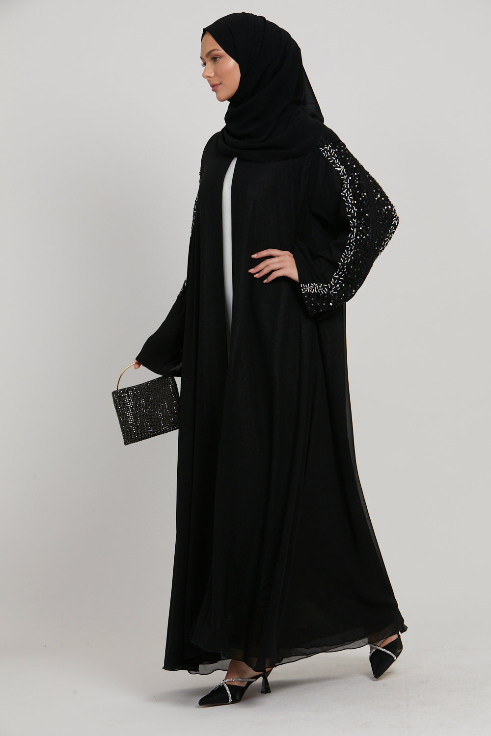 LUXURY AURORA CHIFFON EMBELLISHED OPEN ABAYA - BLACK