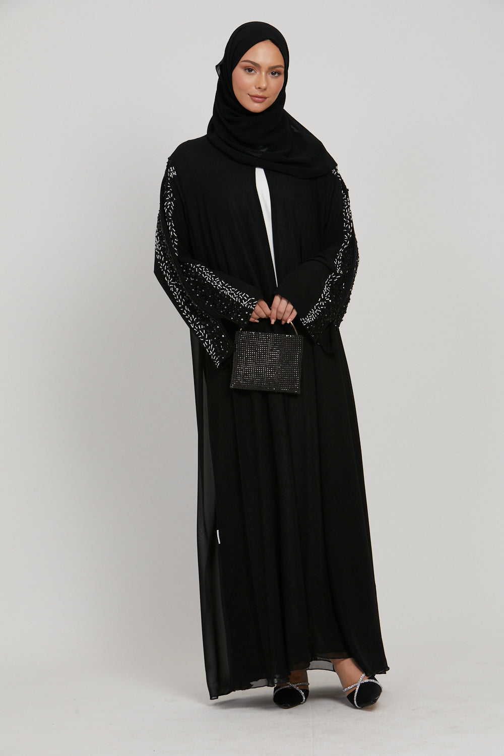 LUXURY AURORA CHIFFON EMBELLISHED OPEN ABAYA - BLACK