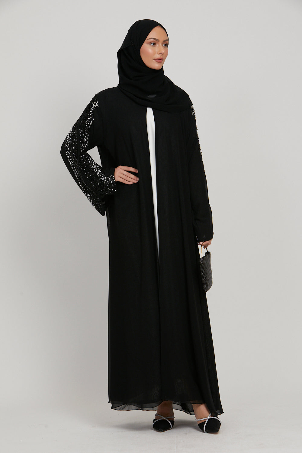 LUXURY AURORA CHIFFON EMBELLISHED OPEN ABAYA - BLACK