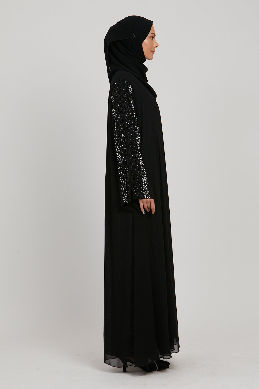 LUXURY AURORA CHIFFON EMBELLISHED OPEN ABAYA - BLACK