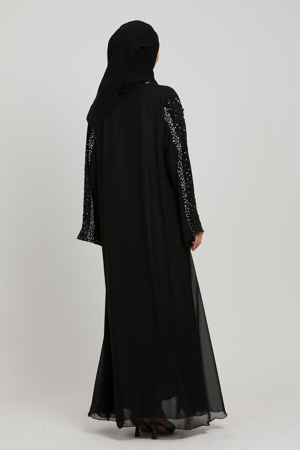 LUXURY AURORA CHIFFON EMBELLISHED OPEN ABAYA - BLACK