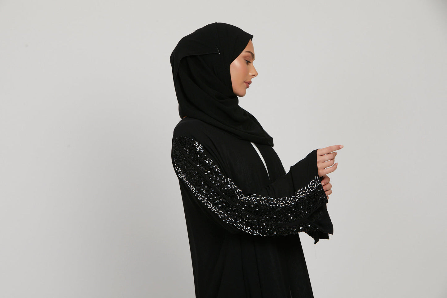 LUXURY AURORA CHIFFON EMBELLISHED OPEN ABAYA - BLACK