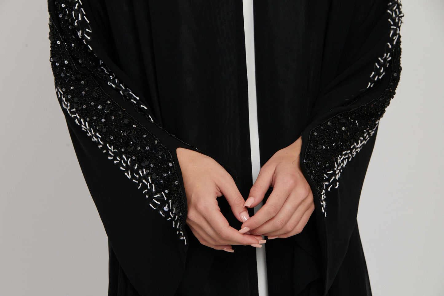 LUXURY AURORA CHIFFON EMBELLISHED OPEN ABAYA - BLACK