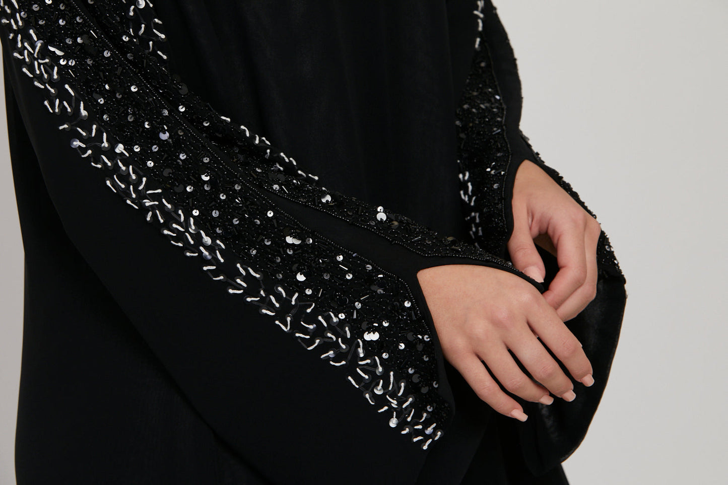 LUXURY AURORA CHIFFON EMBELLISHED OPEN ABAYA - BLACK