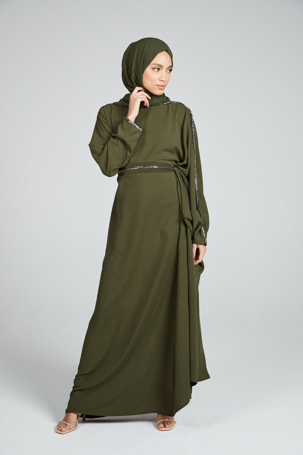 DRAPED CLOSED ABAYA WITH PLEATS AND EMBELLISHMENTS - KHAKI