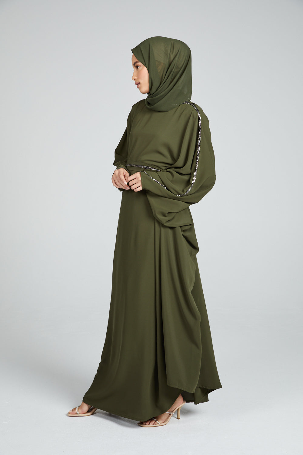 DRAPED CLOSED ABAYA WITH PLEATS AND EMBELLISHMENTS - KHAKI