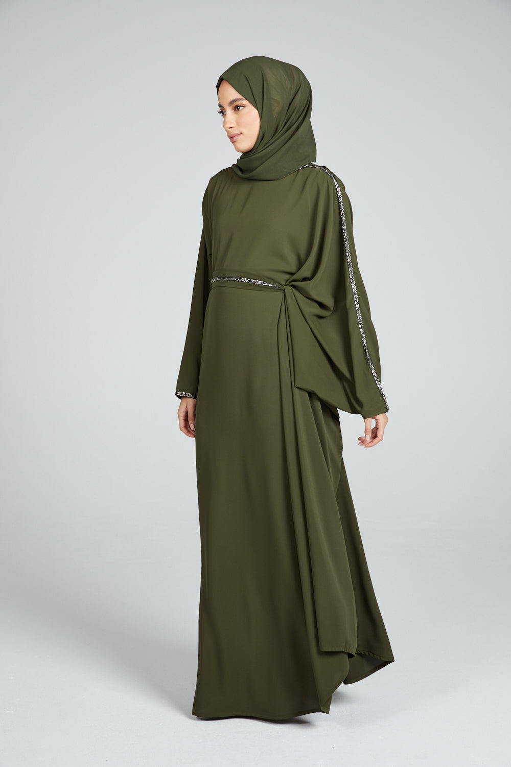 DRAPED CLOSED ABAYA WITH PLEATS AND EMBELLISHMENTS - KHAKI