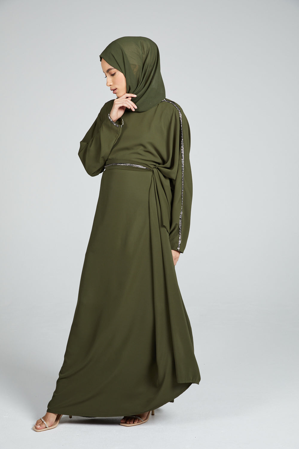 DRAPED CLOSED ABAYA WITH PLEATS AND EMBELLISHMENTS - KHAKI