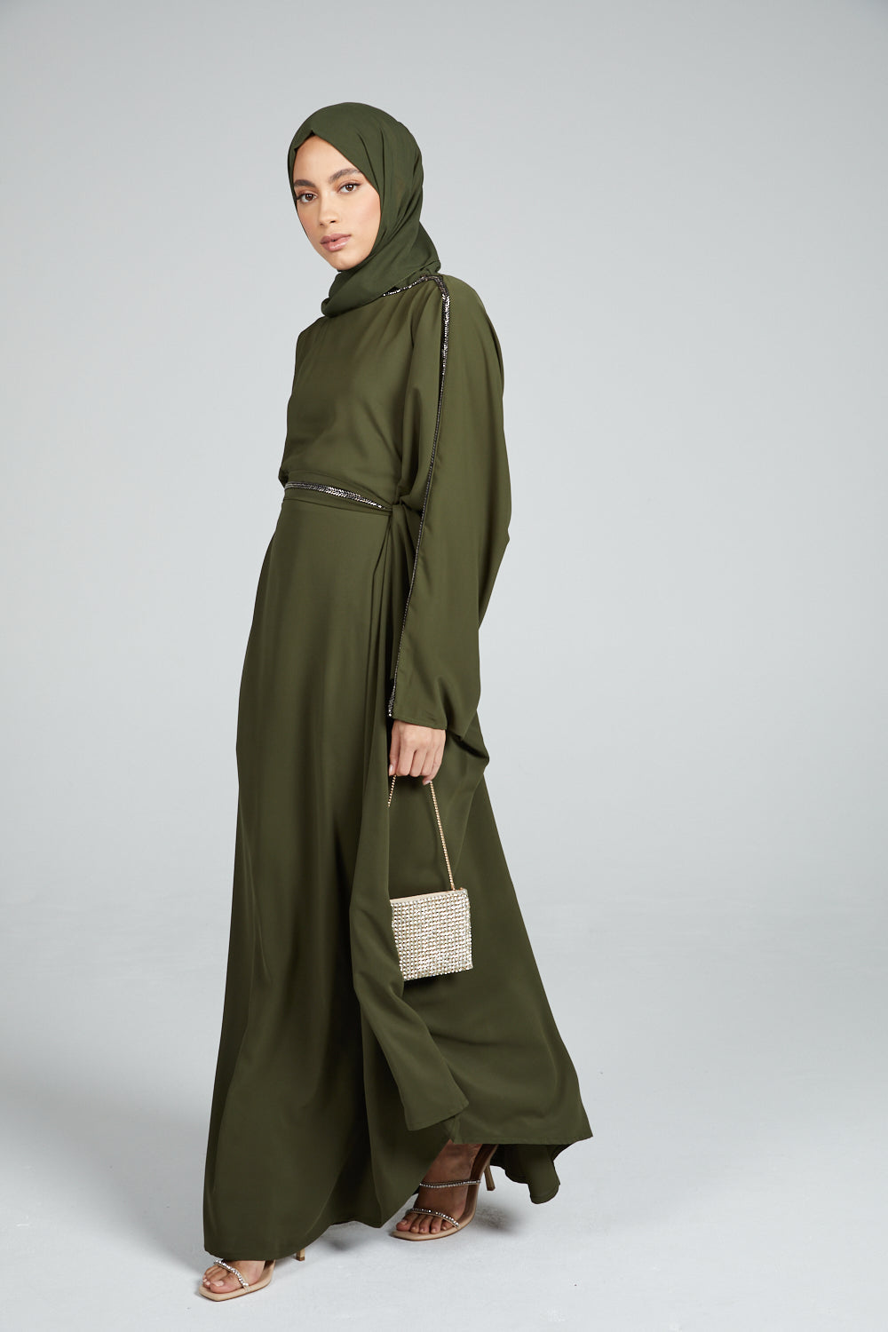 DRAPED CLOSED ABAYA WITH PLEATS AND EMBELLISHMENTS - KHAKI