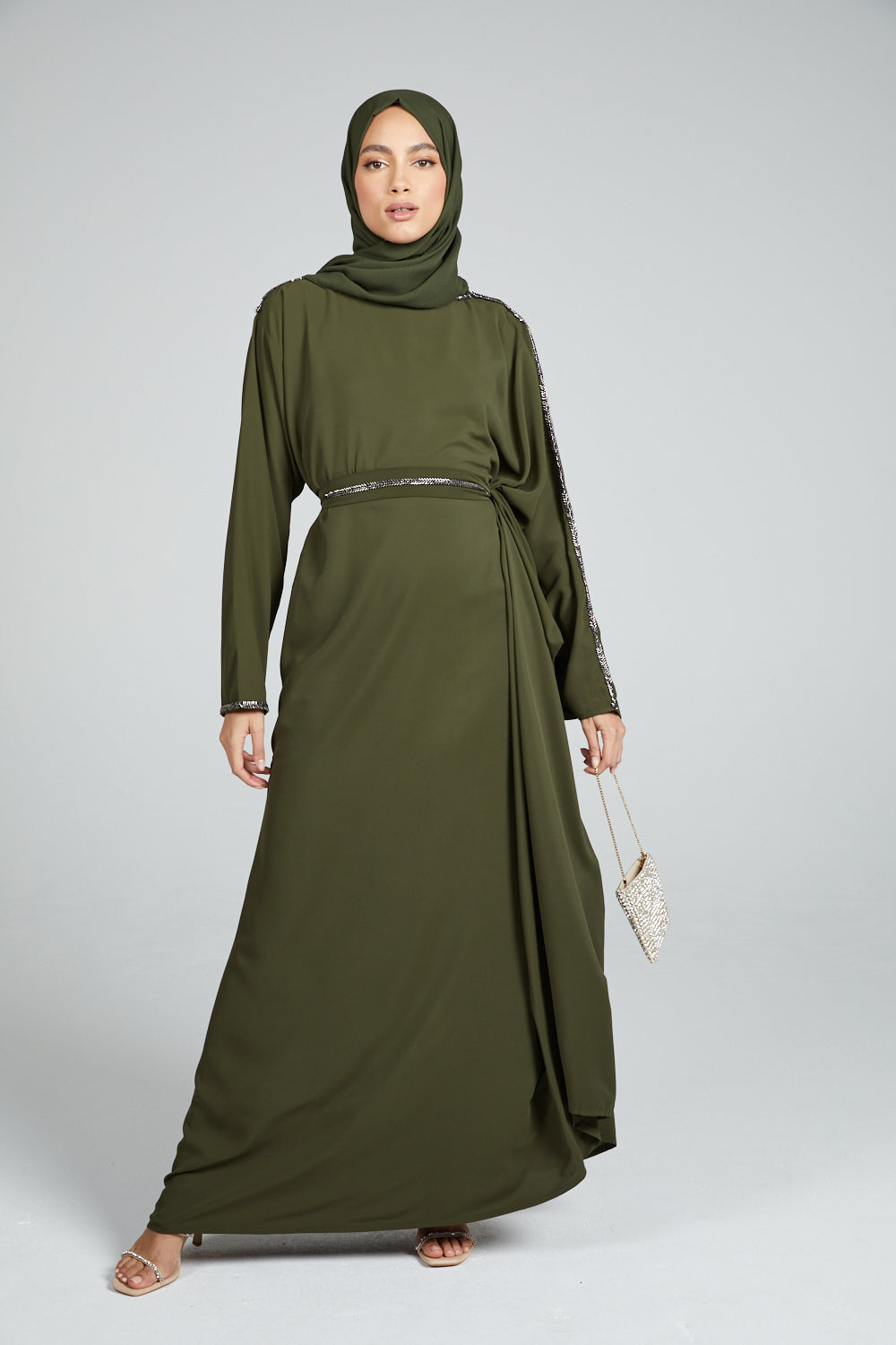 DRAPED CLOSED ABAYA WITH PLEATS AND EMBELLISHMENTS - KHAKI