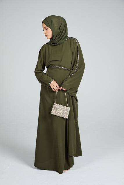 DRAPED CLOSED ABAYA WITH PLEATS AND EMBELLISHMENTS - KHAKI