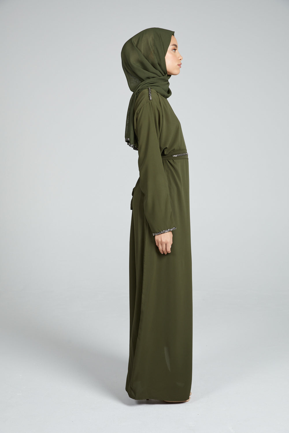 DRAPED CLOSED ABAYA WITH PLEATS AND EMBELLISHMENTS - KHAKI