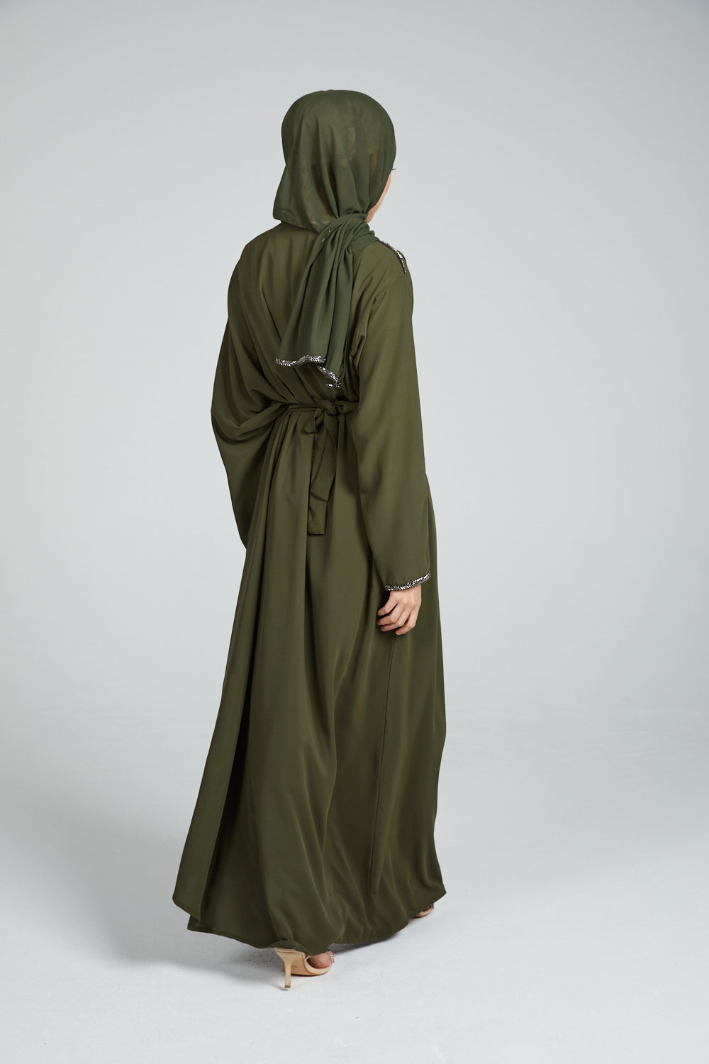 DRAPED CLOSED ABAYA WITH PLEATS AND EMBELLISHMENTS - KHAKI