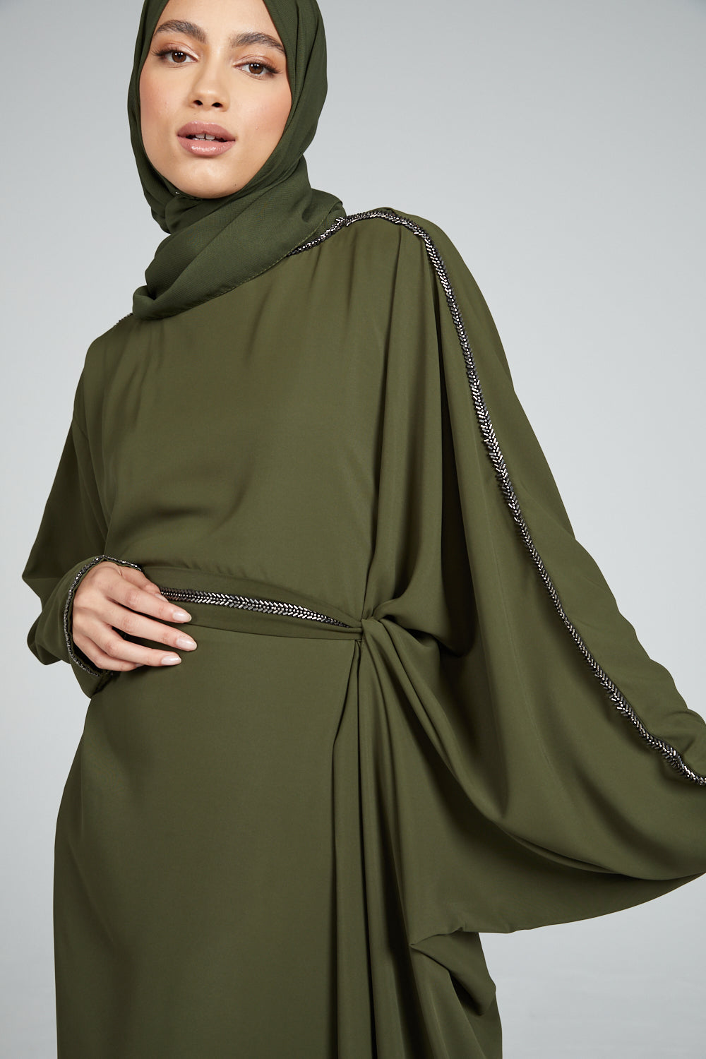 DRAPED CLOSED ABAYA WITH PLEATS AND EMBELLISHMENTS - KHAKI